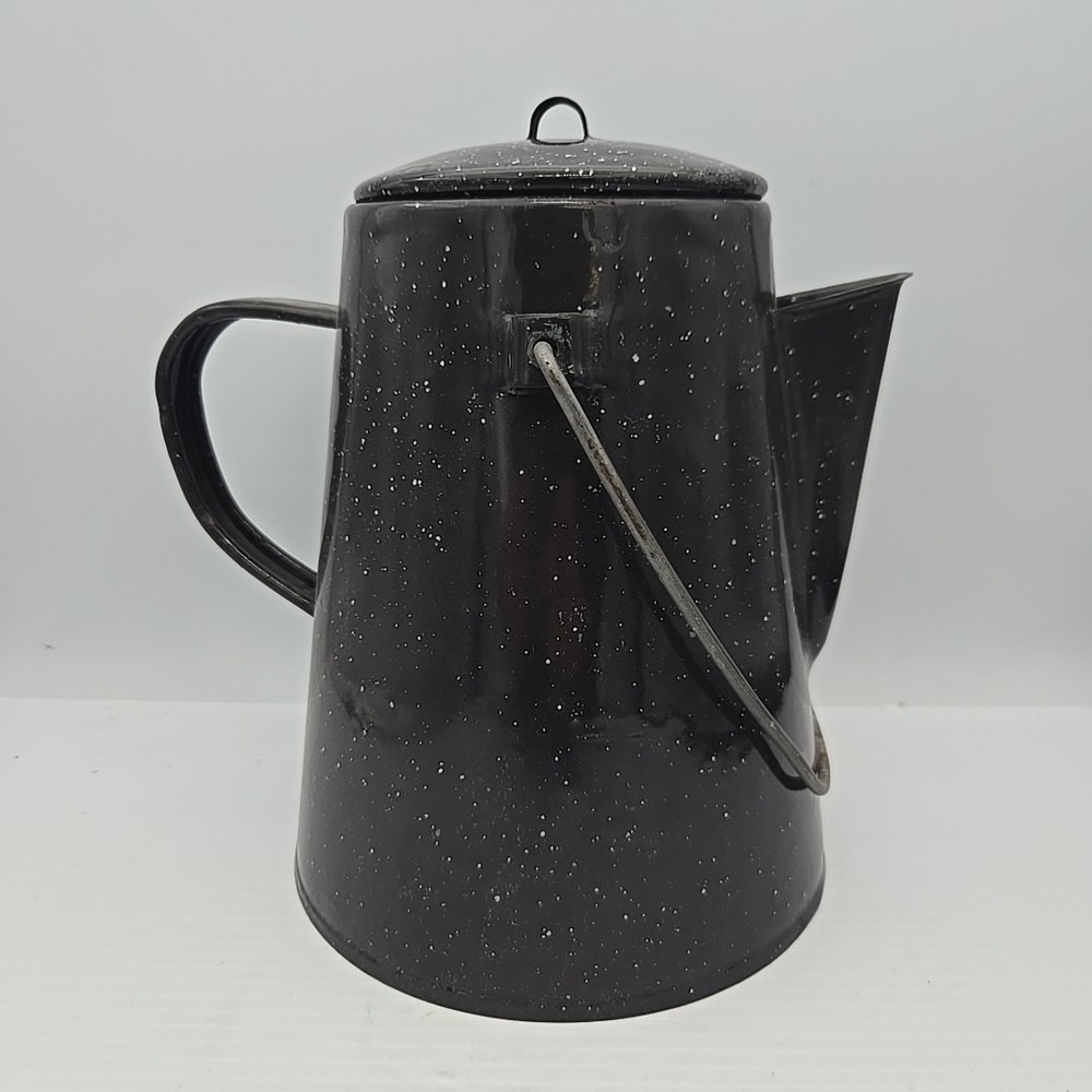 Vintage Enamelware Coffee Pot Black Speckled Cowboy Camping 9" Tall with Lid‎